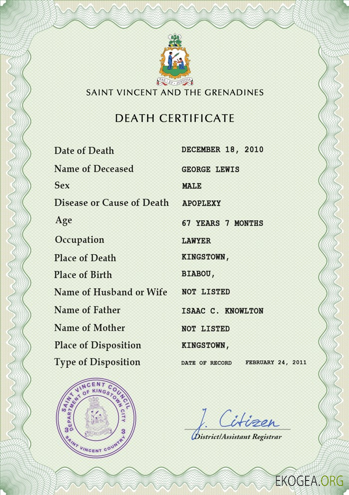 Modèle PSD de certificat de décès de Saint Vincent et les Grenadines